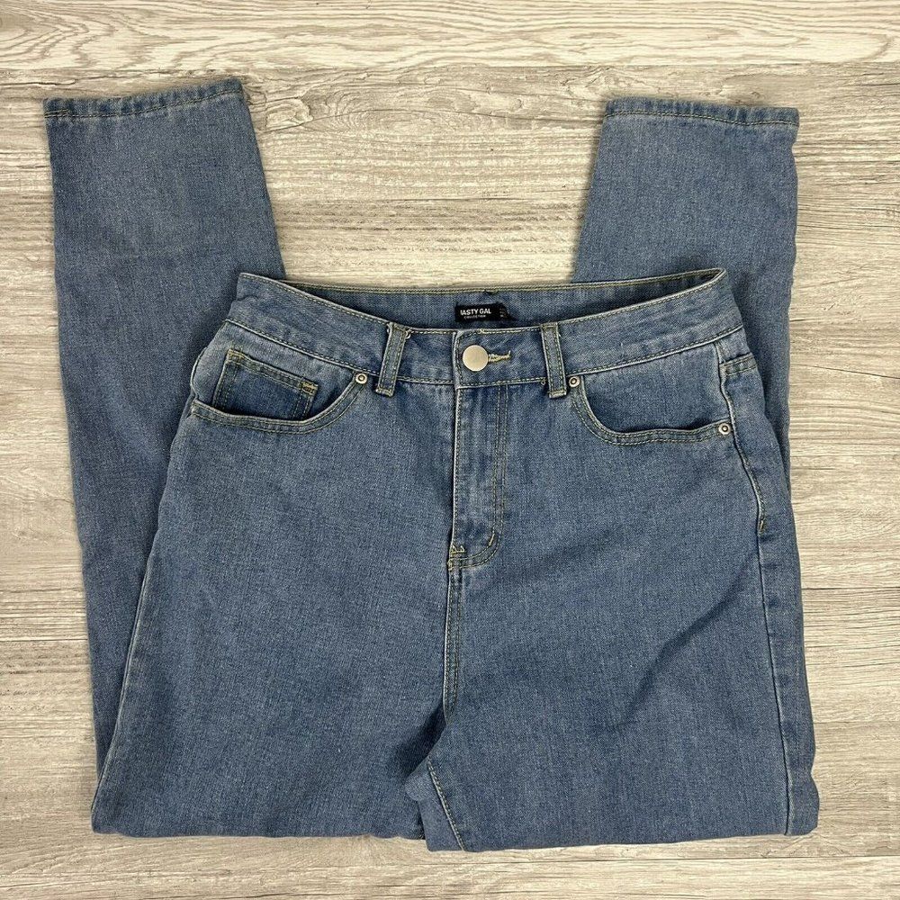 Nasty Gal US Size 8 High Rise Blue Distressed Straight Leg Boyfriend Jeans